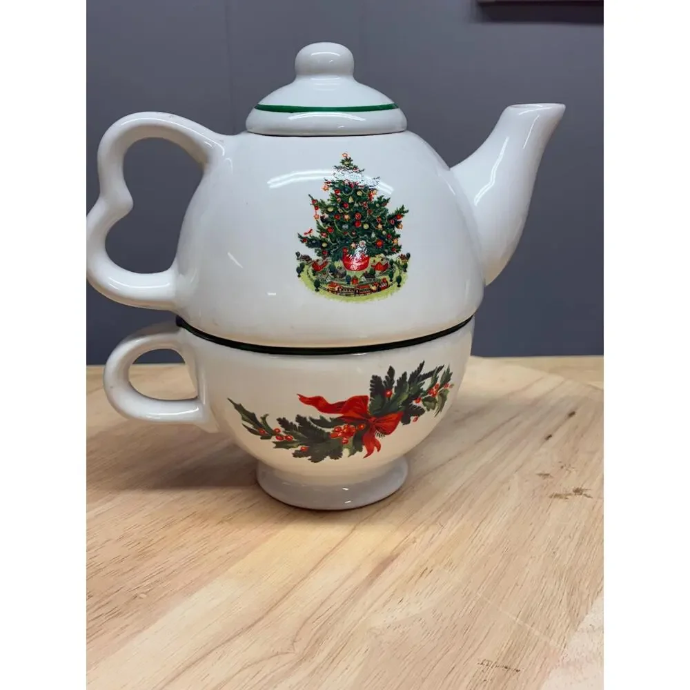 Pfaltzgraff Christmas Tree Tea for One Set | Teapot and Cup Stackable